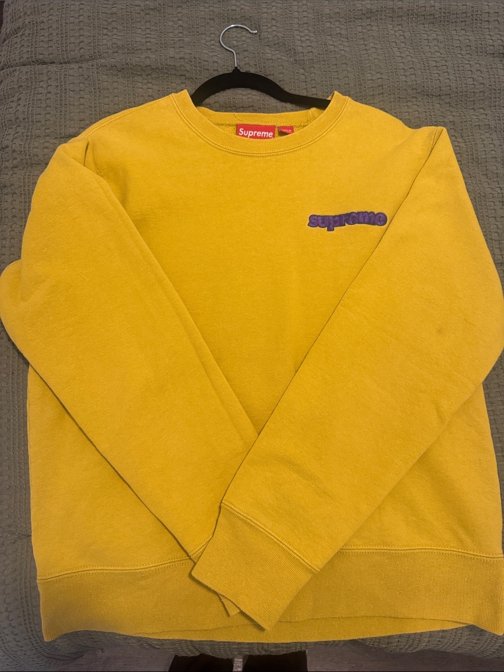Supreme Mustard Yellow Crewneck with Purple Logo